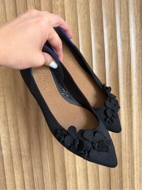 ROTHYS Petal Point II Floral Flower Black Pointed Ballet Flat Shoes